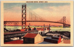 Ambassador Bridge Detroit Michigan River Railyard Skyline In Distance Postcard