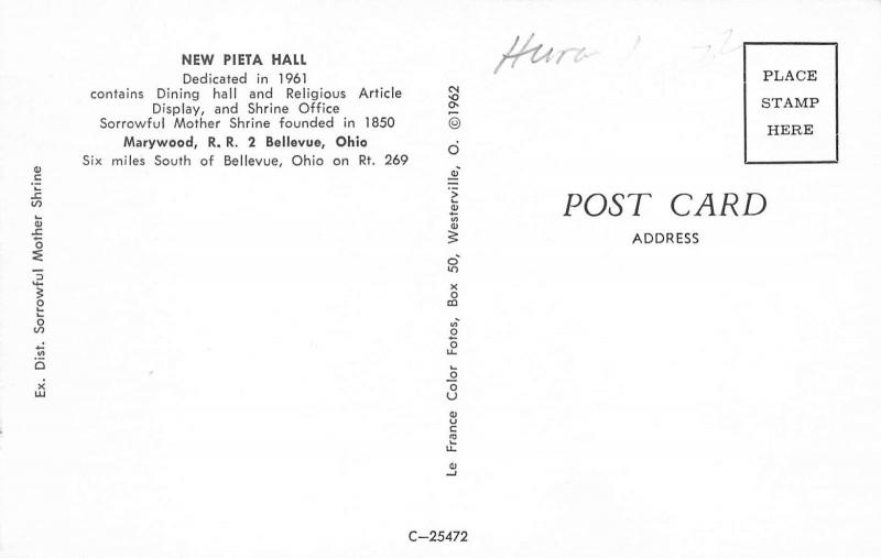 Bellevue Ohio 1960s Postcard New Pieta Hall