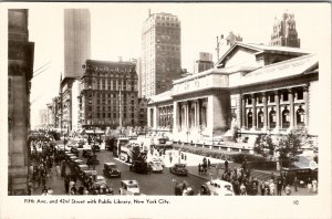 New York City Fifth Avenue and 42nd Busy Street Scene Old Cars RPPC Postcard Z15