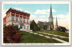 1921 Masonic Temple Episcopal Church Presbyterian Church Cumberland MD Postcard