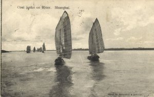 china, SHANGHAI 上海, Coal Junks on River (1920) Postcard