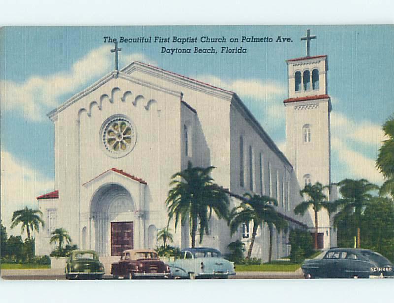 Unused Linen OLD CARS & CHURCH SCENE Daytona Beach Florida FL p4619