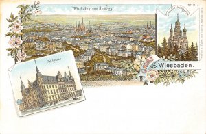 Germany Gruss aus Wiesbaden Rathhaus Flowers Panorama litho postcard C313