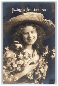 1913 Pretty Woman Big Hat Flowers RPPC Photo Moorhead Minnesota MN Postcard