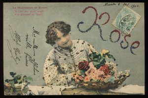 La marchande de roses. Tinted French RPPC. 1906. Undivided back. Glitter