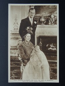 Princess Elizabeth / Duke of Edinburgh & INFANT PRINCE CHARLES c1940s Postcard