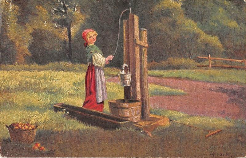 BR78092 woman at water e frank am brunnen germany painting postcard