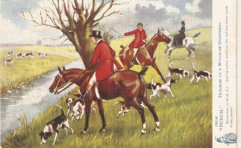 Hunting Jokes, from Punch. Horses, dogs Tuck Oilette Postcard # 9141