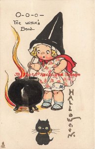 Halloween, Tuck No 807-1, Wiederseim, Young Girl Witch Cooking with Cauldron 