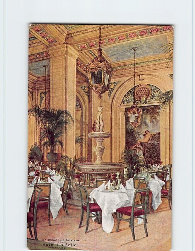 Postcard The Donatello Fountain, Palm Room, Hotel La Salle, Chicago, Illinois