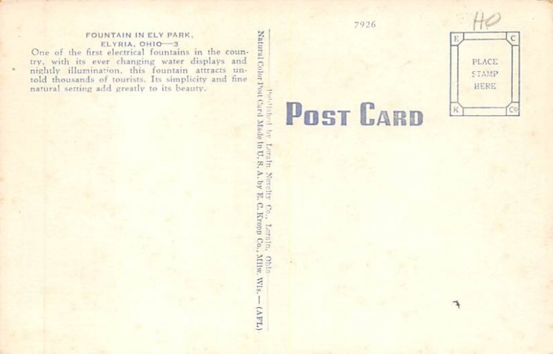 Fountain, Ely Park Elyria, Ohio OH Postcard