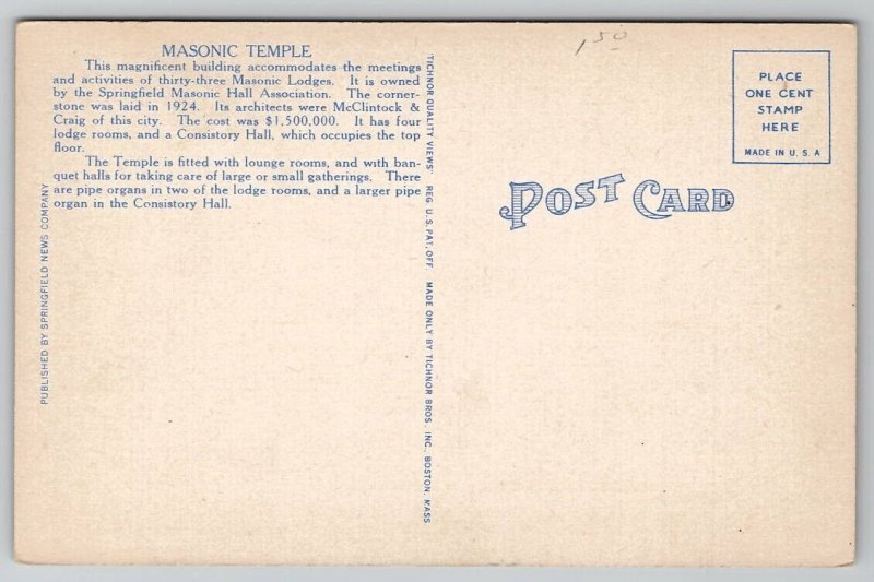 Springfield MA Masonic Temple Massachusetts Postcard F25