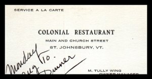 1920s - 1930s Colonial Restaurant St. Johnsbury VT Vermont Business Card Ad