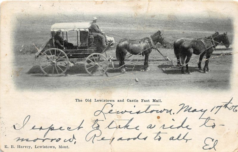 G15/ Lewistown Castle Fast Mail Montana Postcard 1906 Stagecoach Harvey