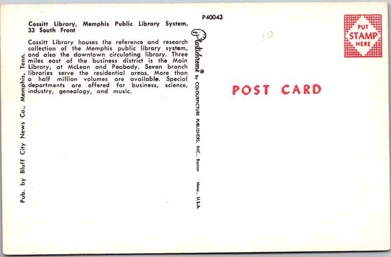 Postcard LIBRARY SCENE Memphis Tennessee TN AK7953