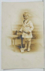 RPPC Atlantic City Boy Sailors Suit Shovel Bucket Faux Boardwalk Postcard O1