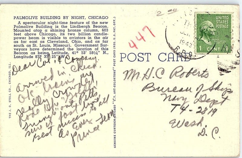 Nice Teich Linen Palmolive Building by Night, Chicago, Ill. Postcard P124