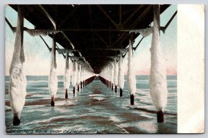 Old Orchard Maine~View Under Pier~January Winter Ocean Scene~Frost~1905 Postcard