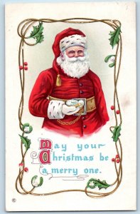 Christmas Postcard Santa Claus With Clock Holly Berries Embossed Alden MN 1915