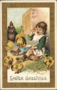 Easter Chicken Chicks Gilt Border Embossed c1910 Postcard