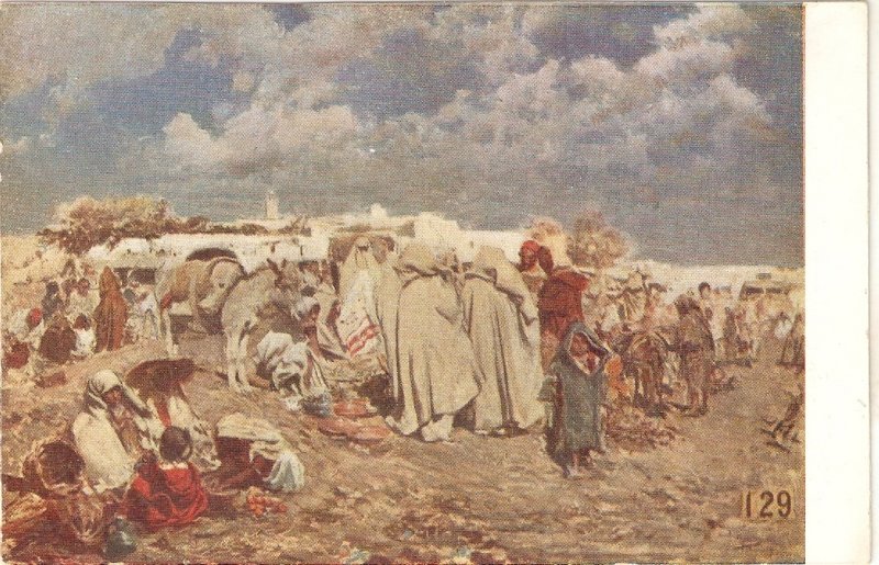 Gonzalo Bilbao. Arab camp in Morocco Fine painting, vintage Spanish postcard