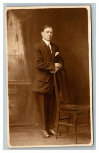 Vintage 1910's RPPC Postcard Studio Portrait Businessman in Suit Akron Ohio