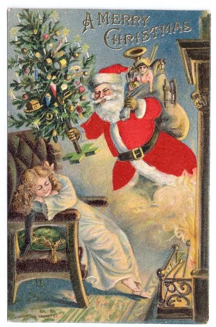 Silk Santa Postcard Christmas Red Robe Sleeping Girl Toys 