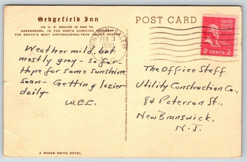 Vintage North Carolina Postcard -  Sedgefield Inn  Greensboro  1950