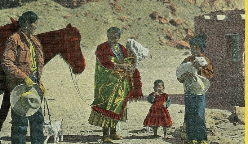 Postcard Hand Tinted View of Family in front of Hogan.      U2