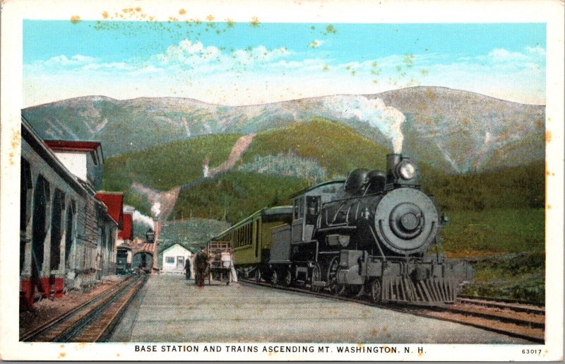 Postcard Base Station and Trains Ascending Mt. Washington, New Hampshire