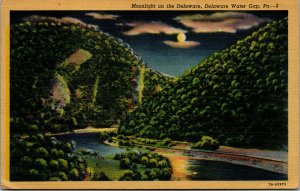 Vtg 1940s Moonlight on the Delaware River Water Gap Pennsylvania PA Postcard