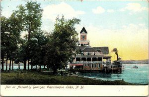 Postcard NY Chautauqua Lake Pier of Assembly Grounds - Steamer C. 1905 L2