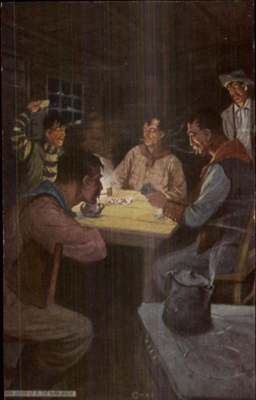 Cowboys in the Bunk House Playing Poker Kettle on Stove c1910 Postcard