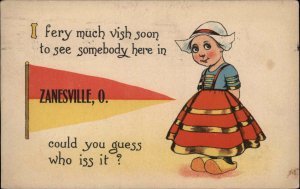 Zanesville Ohio OH Dutch Child Pennant Greeting c1910s Postcard