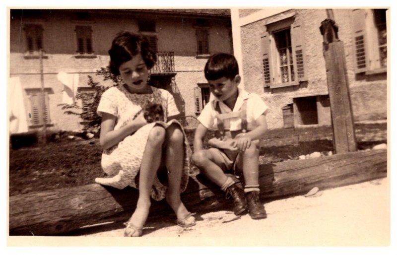 Children    Girl holding kitten , boy