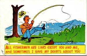 Vtg 1950s All Fisherman Are Liars Humor Funny Fishing Cartoon Comic Postcard