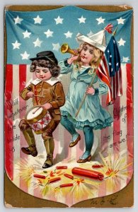 Fourth Of July 4th Victorian Marching Children Drum Horn Flag Tuck Postcard N27
