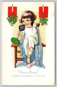 Christmas~Lil Girl In Bunny Slippers On Candlestick Phone~c1910 Vintage Postcard