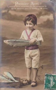 1er Avril April Fool's Day Young Boy Holding Fish 1910