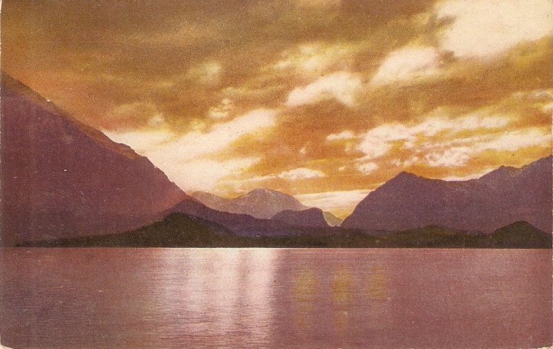 Cloudy landscape with mountains Old vintage Swiss, artist drawn,  postcard