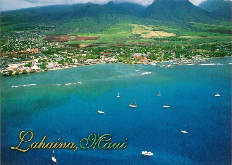 Lahaina, Maui, aerial view, vibrant colors, intricate details, town, la postcard