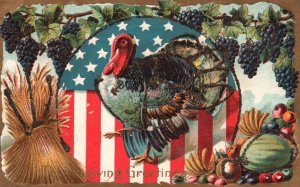 Vintage Postcard Happy Thanksgiving Greetings Card US Flag Turkey Grapes Fruits