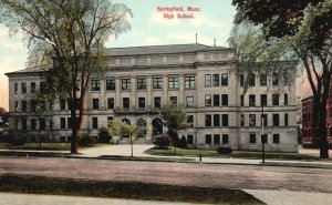 Vintage Postcard High School Campus Building Landmark Springfield Massachusetts