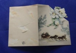 Vtg Christmas AN ARTISTIC Card Iridescent Dogwood Flower Horse Sleigh Ride #129