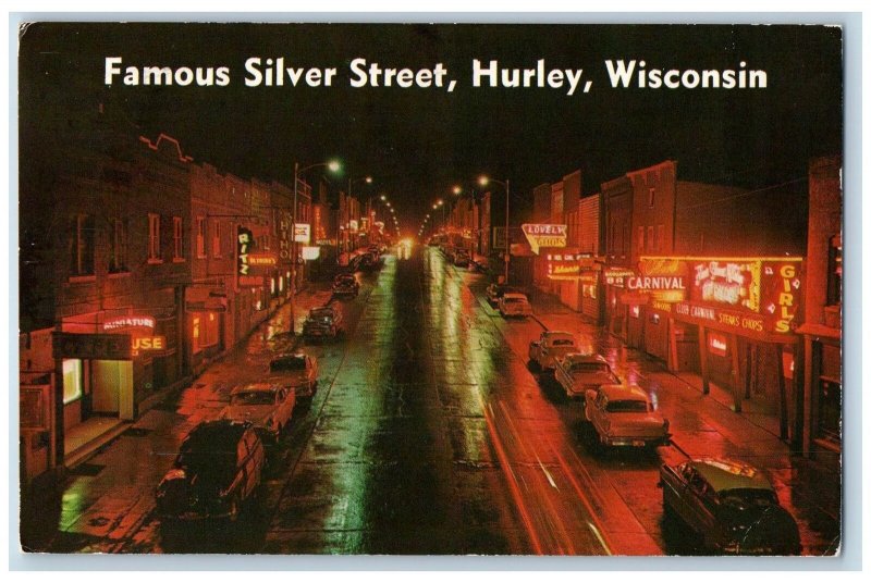 Hurley Wisconsin WI Postcard Famous Silver Street At Night 1974 Vintage Cars