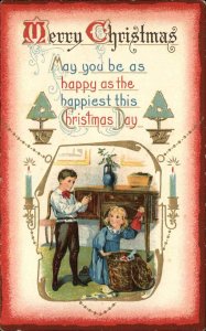 Christmas Cute Kids Children Pull Toys Gifts from Basket c1910 Postcard