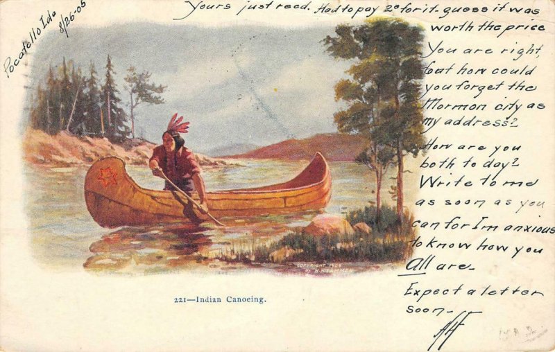 INDIAN CANOEING Native American HH Tammen Art Pocatello ID 1905 Vintage Postcard