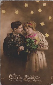 Victorian Romantic Couple Voeux de Bonheur Vintage RPPC C158