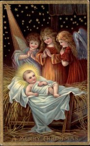Christmas Nativity Little Girl Angels Baby Jesus Manger c1910 Vintage Postcard