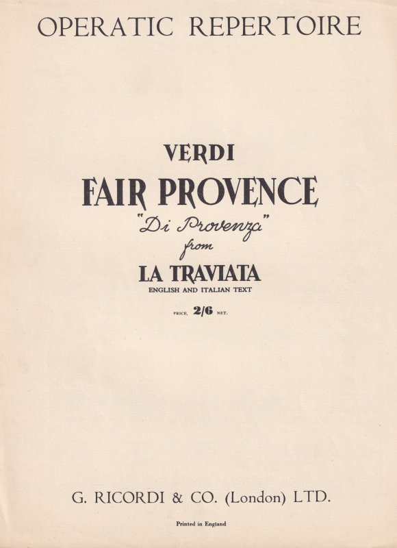 Fair Provence La Traviata Verdi Olde Sheet Music